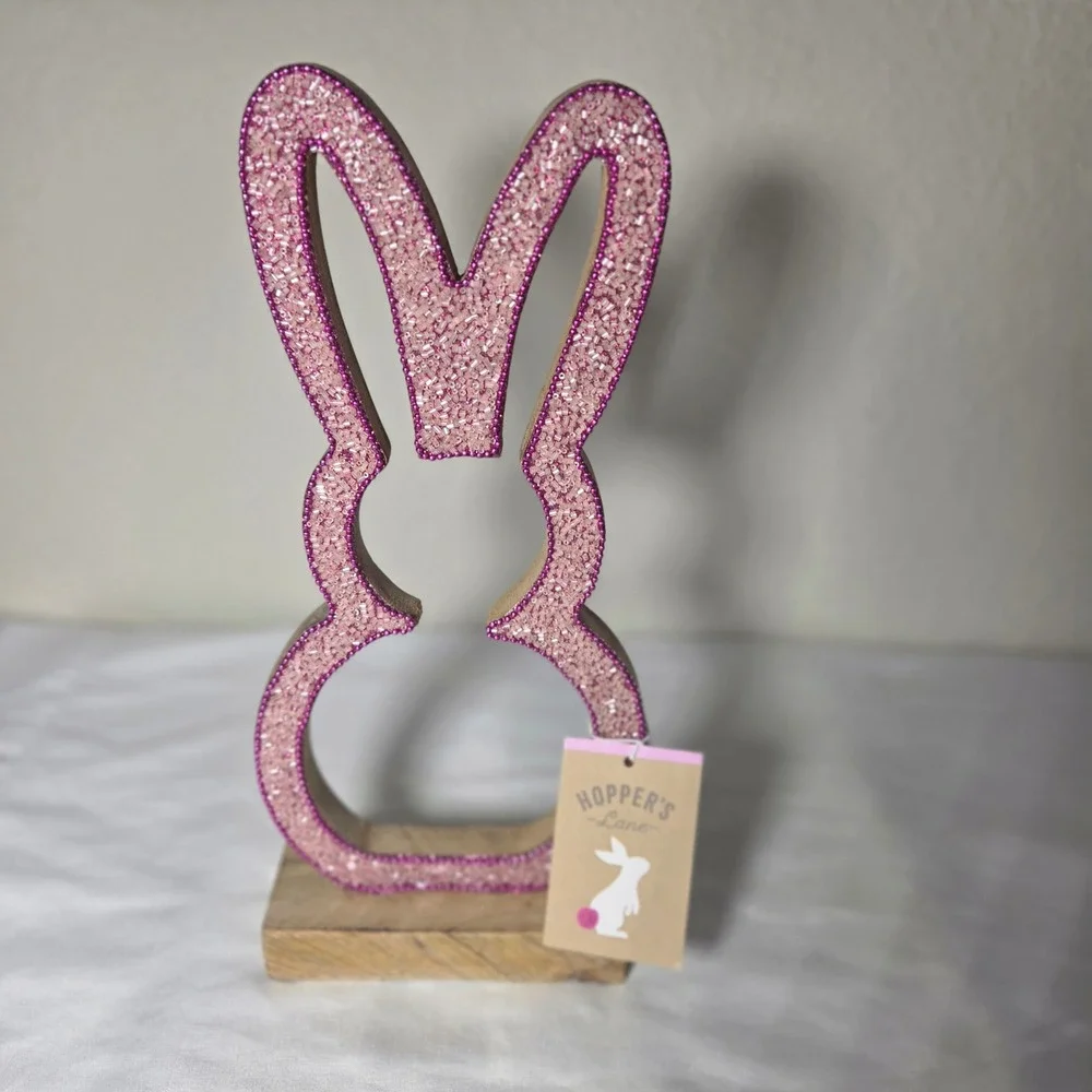 Hoppers Lane Pink Beaded Wood Bunny Silhouette Easter Decor Figurine 12 Inch